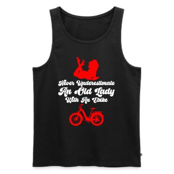 E-Biker NEVER UNDERESTIMATE AN OLD LADY Lustiges - Männer Premium Bio Tank Top - Schwarz - Vorne - Michal (187cm)
