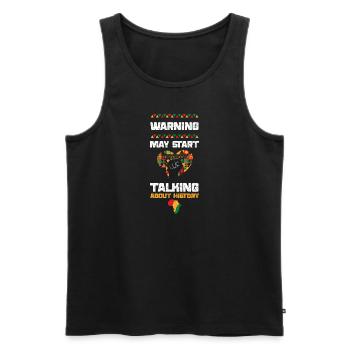 Warning may start talking about... - Men's Premium Organic Tank Top - black - Front - AI Model Male 178 light (178cm)