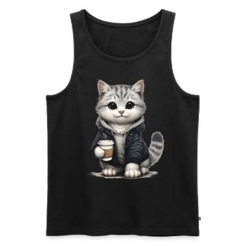 Petit chat mignon avec tasse à café et veste - Débardeur bio Premium Homme - noir - Devant - Michal (187cm)