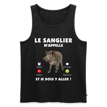 Le sanglier m'appelle au téléphone humour chasse - Débardeur bio Premium Homme - noir - Devant - AI Model Male 178 light (178cm)