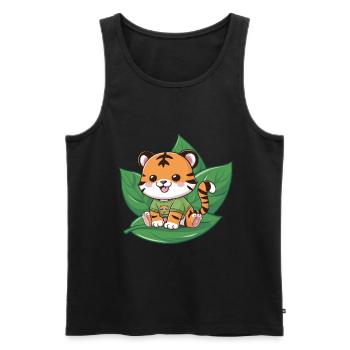 Tiger im Cartoon Stil mit grünem Tee - Männer Premium Bio Tank Top - Schwarz - Vorne - AI Model Male 178 light (178cm)
