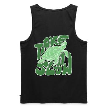 Take It Slow Turtle – Relaxed Ocean Vibes Design - Men's Premium Organic Tank Top - black - Back - AI Model Male 178 light (178cm)