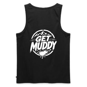 Get Muddy - White Logo  - Männer Premium Bio Tank Top - Schwarz - Hinten - AI Model Male 178 light (178cm)