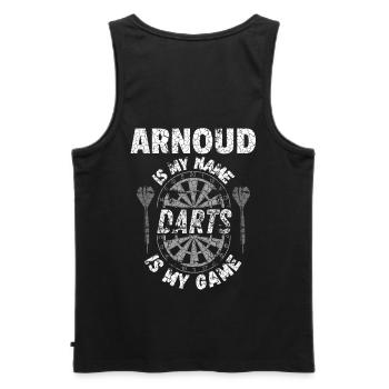 T-shirt de fléchettes personnalisé pour Arnoud - Débardeur bio Premium Homme - noir - Dos - AI Model Male 178 light (178cm)