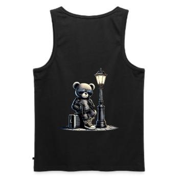Cool Teddy Bear Leather Motorcycle Jacket Goes on a Trip - Men's Premium Organic Tank Top - black - Back - AI Model Male 178 light (178cm)