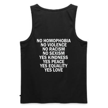 NO HOMOPHOBIA. NO VIOLENCE. NO RACISM. NO SEXISM. - Männer Premium Bio Tank Top - Schwarz - Hinten - AI Model Male 178 light (178cm)