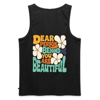 Dear person behind me. You are beautiful. (blue 1) - Men's Premium Organic Tank Top - black - Back - AI Model Male 178 light (178cm)