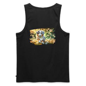 Playful Australian Shephe puppy on a dandelion meadow - Men's Premium Organic Tank Top - black - Back - AI Model Male 178 light (178cm)
