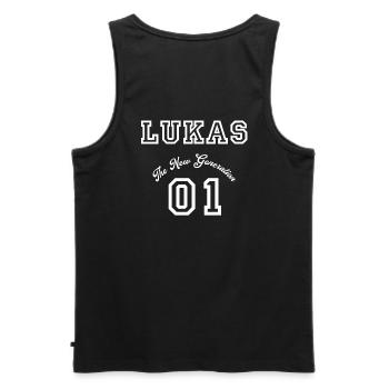 First name Lukas - white - Men's Premium Organic Tank Top - black - Back - AI Model Male 178 light (178cm)