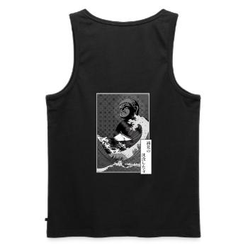 Buddha and tsunami on a temple - Men's Premium Organic Tank Top - black - Back - AI Model Male 178 light (178cm)
