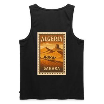 Saharan caravan on vintage stamp - Men's Premium Organic Tank Top - black - Back - AI Model Male 178 light (178cm)