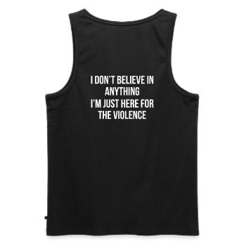 Black and white text statement - Men's Premium Organic Tank Top - black - Back - AI Model Male 178 light (178cm)