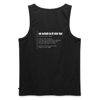 Unschubladisierbar – Wörterbuch auf dunklen Farben - Männer Premium Bio Tank Top - Schwarz - Hinten - AI Model Male 178 light (178cm)