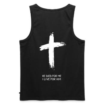 HE DIED FOR ME - I LIVE FOR HIM 2 by csDesign - Männer Premium Bio Tank Top - Schwarz - Hinten - AI Model Male 178 light (178cm)