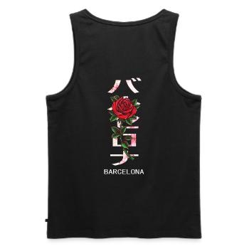 Barcelone en japonais avec des roses et des fleurs de cerisier - Débardeur bio Premium Homme - noir - Dos - AI Model Male 178 light (178cm)