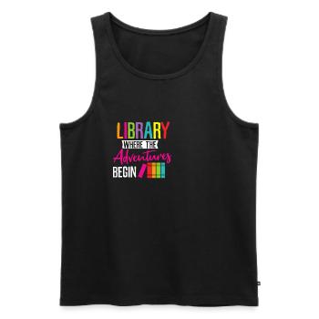 L'aventure commence dans la bibliothèque - Débardeur bio Premium Homme - charbon - Devant - AI Model Male 185 dark (185cm)