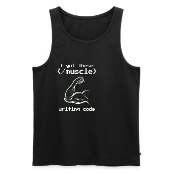 I got these muscle writing code programmer coder - Men's Premium Organic Tank Top - charcoal grey - Front - AI Model Male 185 dark (185cm)