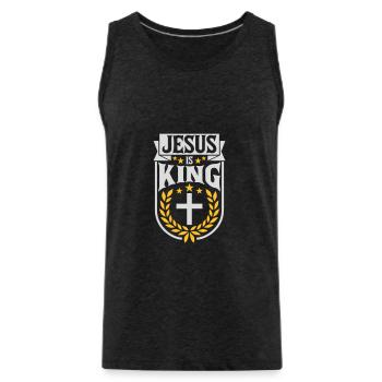 jesus is king quote - Men's Premium Organic Tank Top - charcoal grey - Front - AI Model Male 185 dark (185cm)