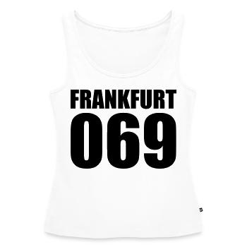 069 Francfort – Notre ville Ville de #Frankfurt - Débardeur bio Premium Femme - blanc - Devant - AI Model Female 172 light (172cm)