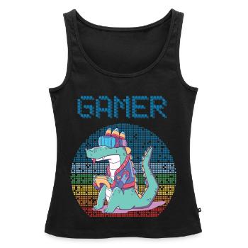 Gamer Jeux vidéo rétro Jeux vintage Funny Croco - Débardeur bio Premium Femme - noir - Devant - AI Model Female 172 light (172cm)