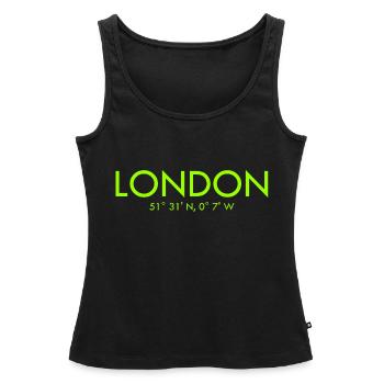 Londres - Coordonnées - Latitude - Longitude - GB - Débardeur bio Premium Femme - noir - Devant - AI Model Female 172 light (172cm)