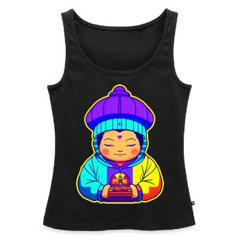 Cute little colorful Buddha child with hoodie - Women’s Premium Organic Tank top - black - Front - AI Model Female 172 light (172cm)
