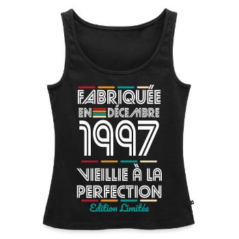 Anniversaire 25 ans - Fabriquée en Décembre 1997 - Débardeur bio Premium Femme - noir - Devant - AI Model Female 172 light (172cm)