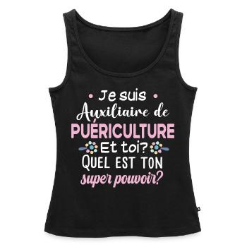 Auxiliaire de puériculture Puéricultrice Métier - Débardeur bio Premium Femme - noir - Devant - AI Model Female 172 light (172cm)