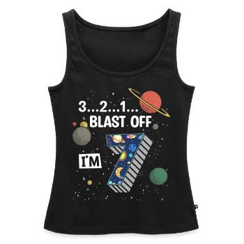 Blast Off J’ai 7 ans, 7ème anniversaire - Débardeur bio Premium Femme - noir - Devant - AI Model Female 172 light (172cm)