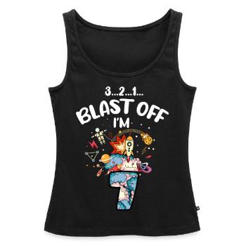 Blast Off J’ai 7 ans, 7ème anniversaire - Débardeur bio Premium Femme - noir - Devant - AI Model Female 172 light (172cm)