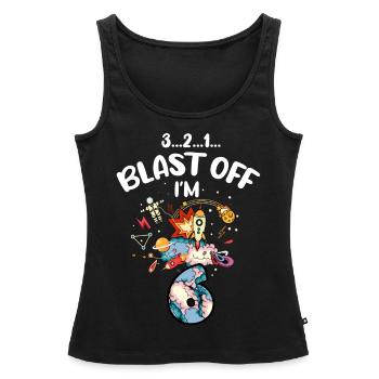 Blast Off J’ai 6 ans, 6ème anniversaire - Débardeur bio Premium Femme - noir - Devant - AI Model Female 172 light (172cm)