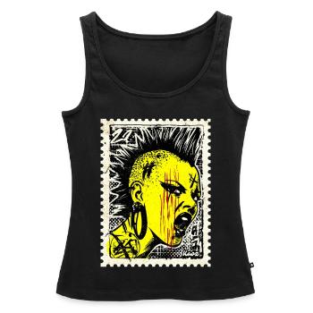 Femme punk sauvage avec mohawk et colère sur timbre-poste - Débardeur bio Premium Femme - noir - Devant - AI Model Female 172 light (172cm)