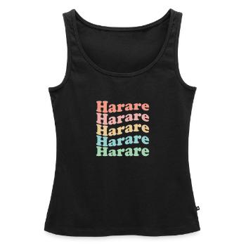 Vintage 70er Hippie Zimbabwe Stadt - Retro Harare - Frauen Premium Organic Tank Top - Schwarz - Vorne - AI Model Female 172 light (172cm)
