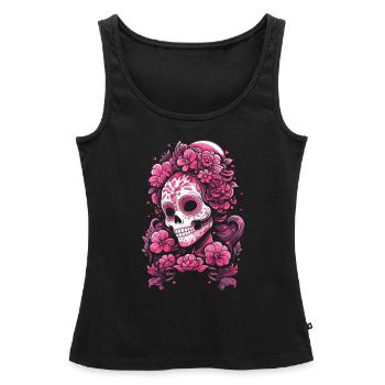 Crâne Muertos Mexicain Jour des Morts Rose - Débardeur bio Premium Femme - noir - Devant - AI Model Female 172 light (172cm)