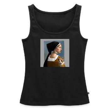 Chat avec dame dans des peintures dans le style Johannes Vermeer - Débardeur bio Premium Femme - noir - Devant - AI Model Female 172 light (172cm)