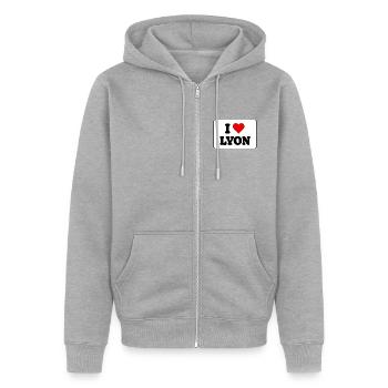 Ich liebe Lyon, ich liebe Lyon – Amour Ville - Unisex Premium Bio Zip Hoodie - Grau meliert - Vorne - Nico (187cm) & Julia (174cm)