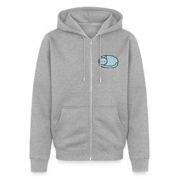 Schläfrige zusammengerollte Katze – Kleines Brustemblem - Unisex Premium Bio Zip Hoodie - Grau meliert - Vorne - Nico (187cm) & Julia (174cm)