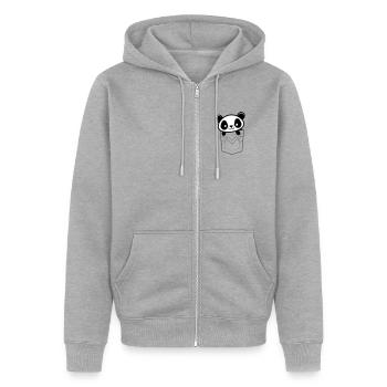 Panda qui regarde depuis sa poche - Veste à capuche bio Premium Unisexe - gris chiné - Devant - Nico (187cm) & Julia (174cm)