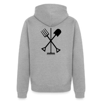 Gartengeräte Schaufel Rechen und Mistgabel gekreuzt - Unisex Premium Bio Zip Hoodie - Grau meliert - Hinten - Nico (187cm)