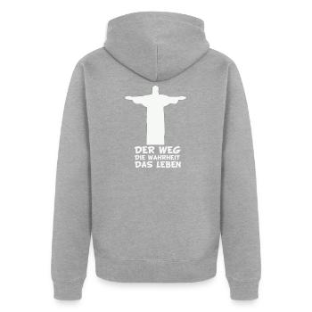Der Weg Die Wahrheit Das Leben - Unisex Premium Bio Zip Hoodie - Grau meliert - Hinten - Nico (187cm)