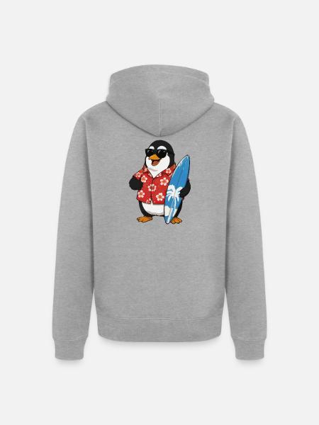 Surfer-Pinguin mit Hibiskus-Hemd - Unisex Premium Bio Zip Hoodie - Grau meliert