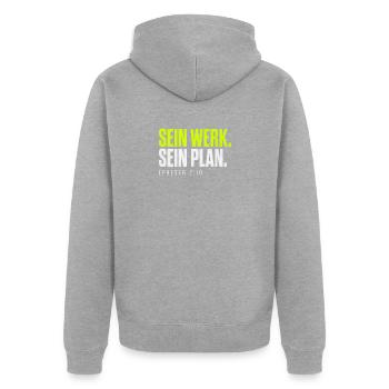 Sein Werk. Sein Plan. – Epheser 2,10 - Unisex Premium Bio Zip Hoodie - Grau meliert - Hinten - Nico (187cm)