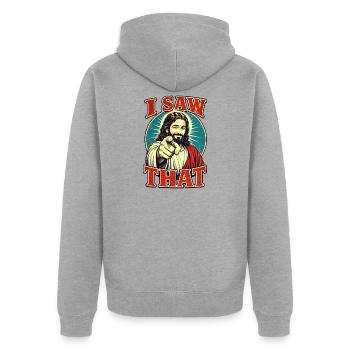 JESUS SAW THAT - Unisex Premium Bio Zip Hoodie - Grau meliert - Hinten - Nico (187cm)