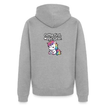 Erst Kaffee, Magie und später Einhorn - Unisex Premium Bio Zip Hoodie - Grau meliert - Hinten - Nico (187cm)