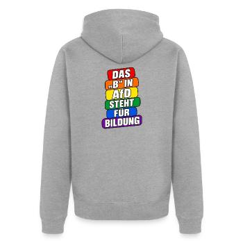 Das B in AfD steht für Bildung – Satire - Unisex Premium Bio Zip Hoodie - Grau meliert - Hinten - Nico (187cm)