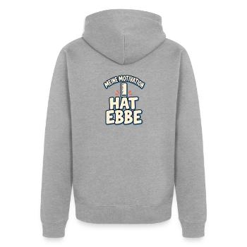 Meine Motivation hat Ebbe – Küstenhumor - Unisex Premium Bio Zip Hoodie - Grau meliert - Hinten - Nico (187cm)