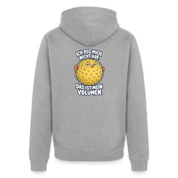 Ich reg mich nicht auf – Kugelfisch - Unisex Premium Bio Zip Hoodie - Grau meliert - Hinten - Nico (187cm)