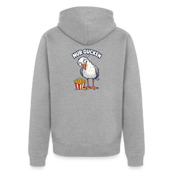 Nur gucken – Möwe mit Pommes - Unisex Premium Bio Zip Hoodie - Grau meliert - Hinten - Nico (187cm)