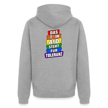 Das T in AfD steht für Toleranz – Bunte Satire - Unisex Premium Bio Zip Hoodie - Grau meliert - Hinten - Nico (187cm)