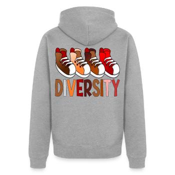 Diversity-Schuhe - Unisex Premium Bio Zip Hoodie - Grau meliert - Hinten - Nico (187cm)